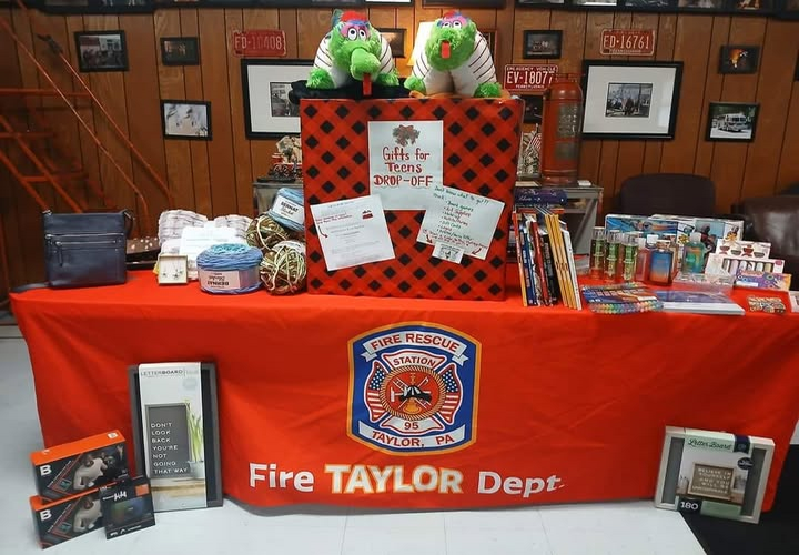 Gifts For Teens drop-off table at Fire Taylor Dept